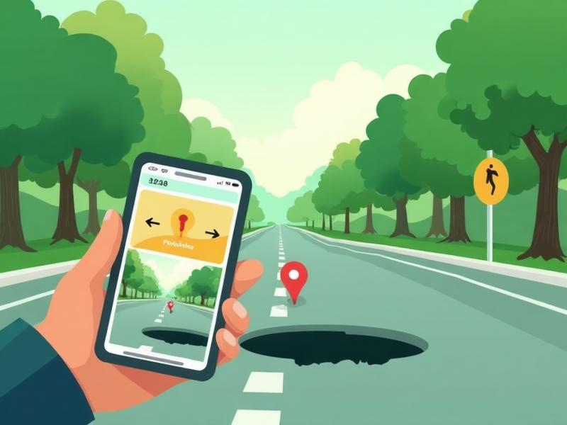 Upload civic issue - Citizen taking photo of pothole with smartphone showing location pinning